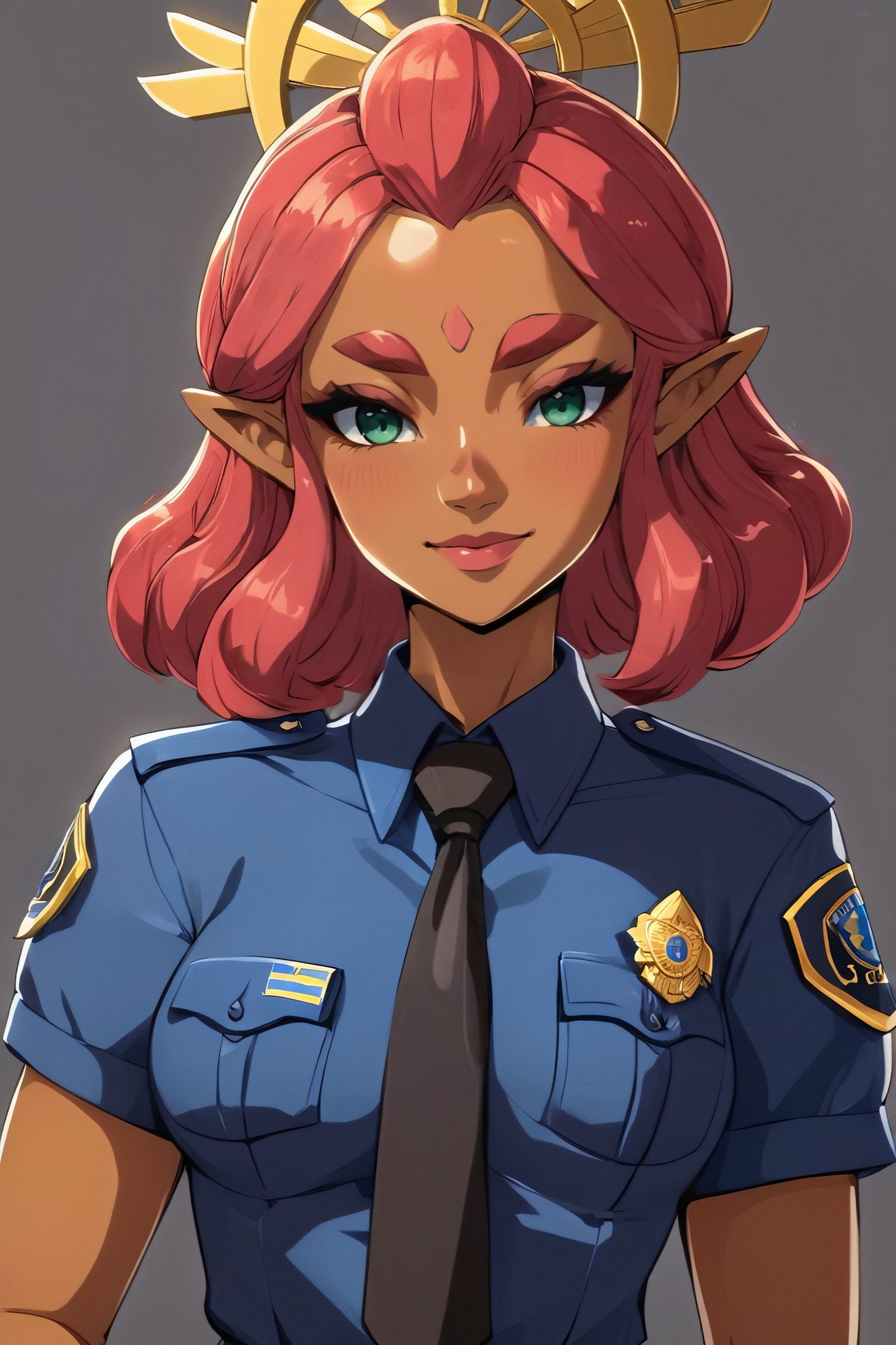 4k resolution, intricately detailed, trending on artstation,
((best quality)), ((highly detailed)), masterpiece, 
beautiful woman, full lips,  
Riju_Zelda, solo, smile, 
smug, blue police uniform, tie, 