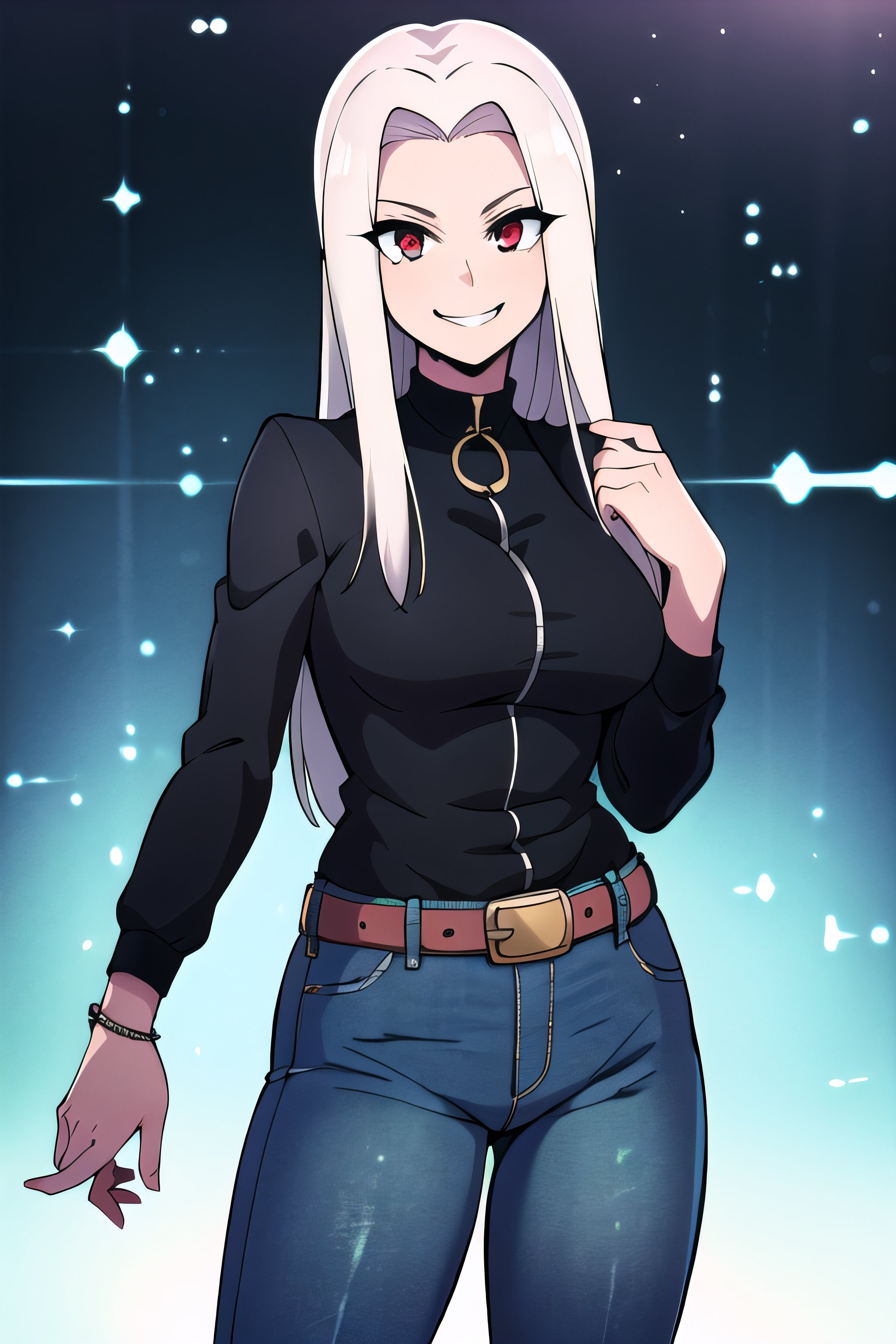 ((masterpiece,best quality)), absurdres, , Irisviel_von_Einzbern, black jacket, denim jeans, belt chain, solo, smiling, smug, looking at viewer, cowboy shot, cinematic composition, dynamic pose