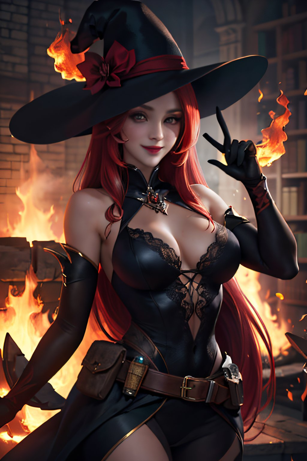 ((masterpiece,best quality)), absurdres, facesakimigirl,  young pretty face, Mirael_AFK, long red hair, black glove, smiling,  library fire and magic in background, cinematic composition, dynamic pose,