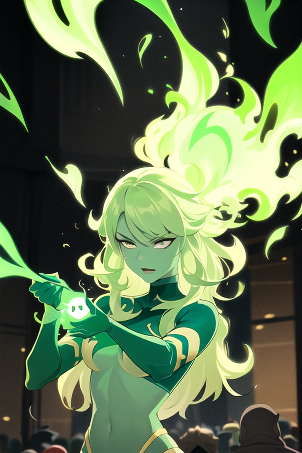 ((masterpiece,best quality)), absurdres, cinematic composition,, fire_lit_DC, 1girl, green glow, upper body, long hair, smug, holding green fireball, magic,