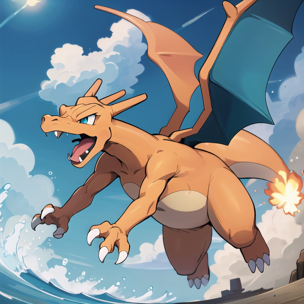 ((masterpiece,best quality)), absurdres, award winning photo,  Charizard_Pokemon, flame-tipped tail, wings,3d, blue_sky, cloud, cloudy_sky, day, depth_of_field, explosion, jumping, motion_blur, no_humans, ocean, open_mouth, outdoors, pokemon_\(creature\),  sky, sun,   