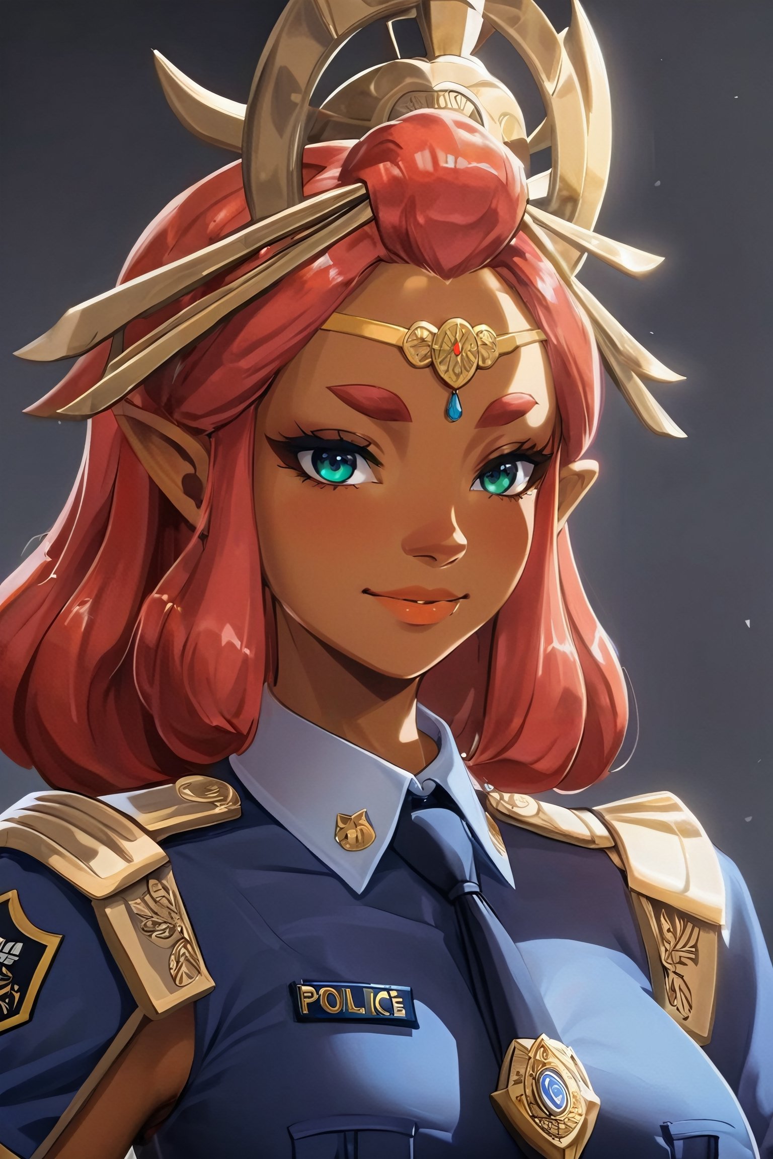 4k resolution, intricately detailed, trending on artstation,
((best quality)), ((highly detailed)), masterpiece, 
beautiful woman, full lips,  
Riju_Zelda, solo, smile, 
smug, blue police uniform, tie, 