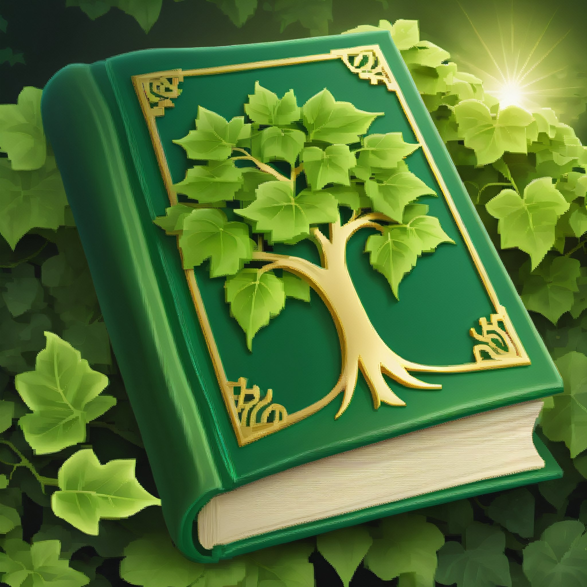 ((masterpiece,best quality)), , green book, glowing, nature, tree symbol, leaves, ivy