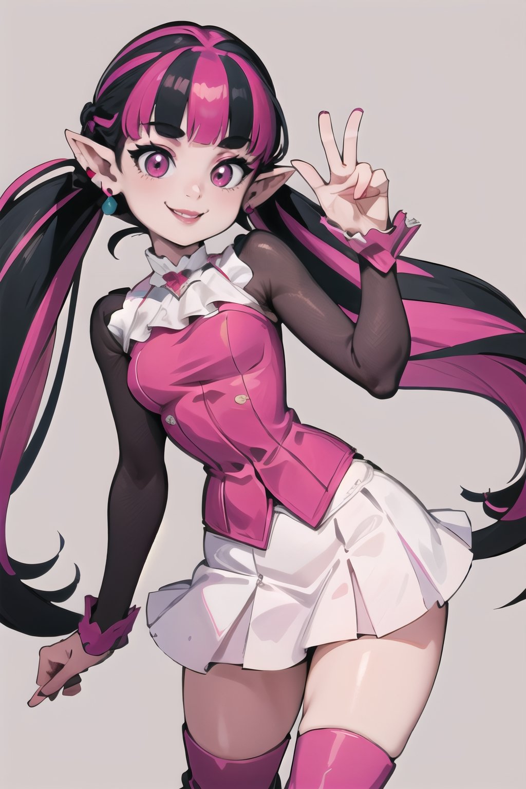 ((masterpiece,best quality)), absurdres,, Draculaura_MH, pink top, black hair, pink hair, multicolored hair, pointy ears,white skirt, pink knee boots, smiling, contrapposto