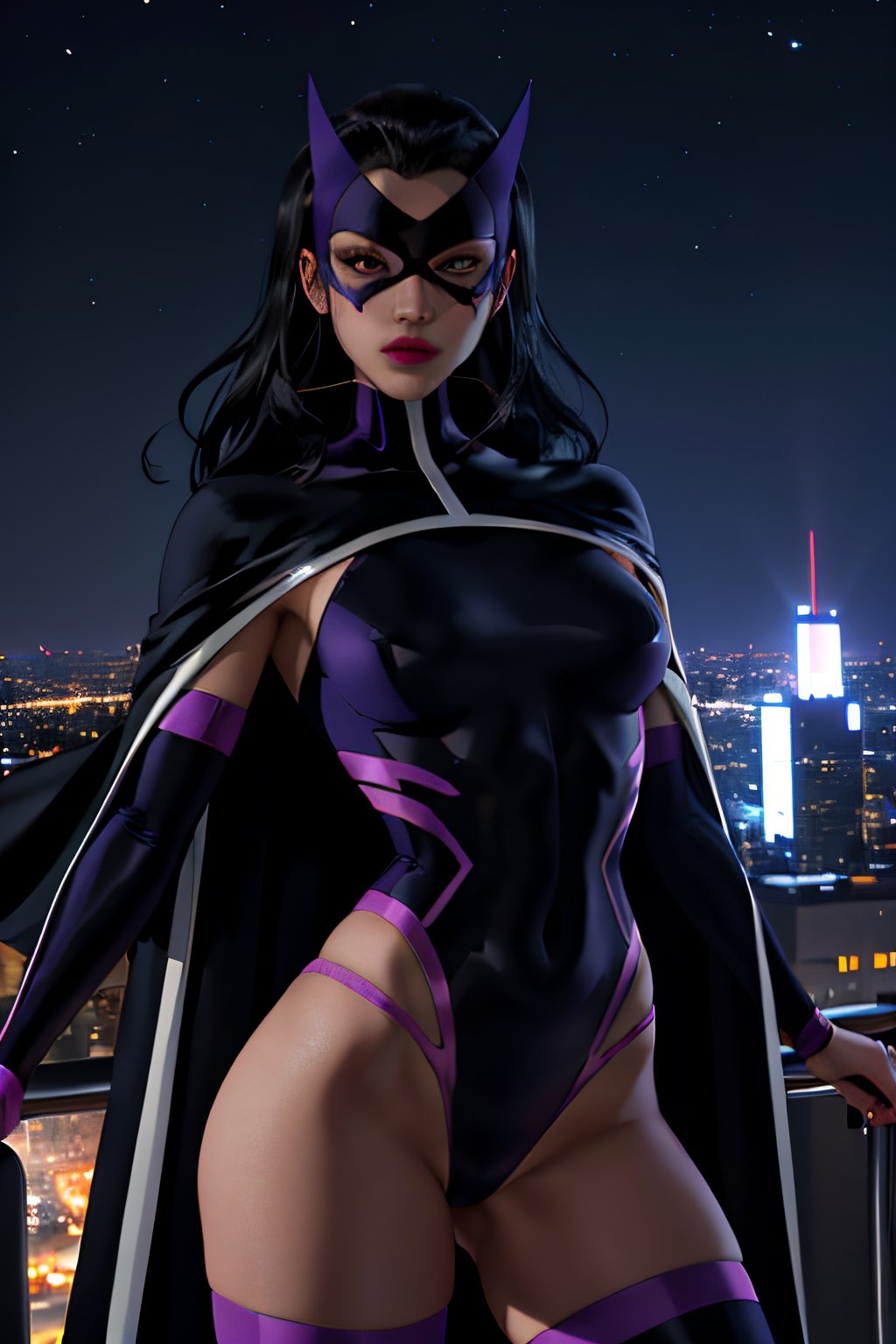 ((masterpiece,best quality)), absurdres,,facesakimigirl, Huntress_JLU, cape, leotard, night sky and city lights in background, cinematic composition, dynamic pose, 