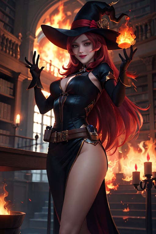 ((masterpiece,best quality)), absurdres, facesakimigirl,  young pretty face, Mirael_AFK, long red hair, black glove, smiling,  library fire and magic in background, cinematic composition, dynamic pose,