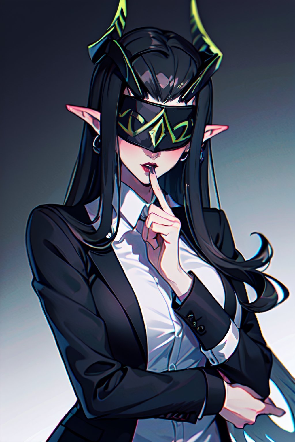 ,  Shemira_AFK, solo, pointy ears, horns, covered eyes, (black hair:1.2), grey blazer, lipstick, open white shirt, lawyer, best quality, masterpiece, ultra high res, detailed skin, high detail,