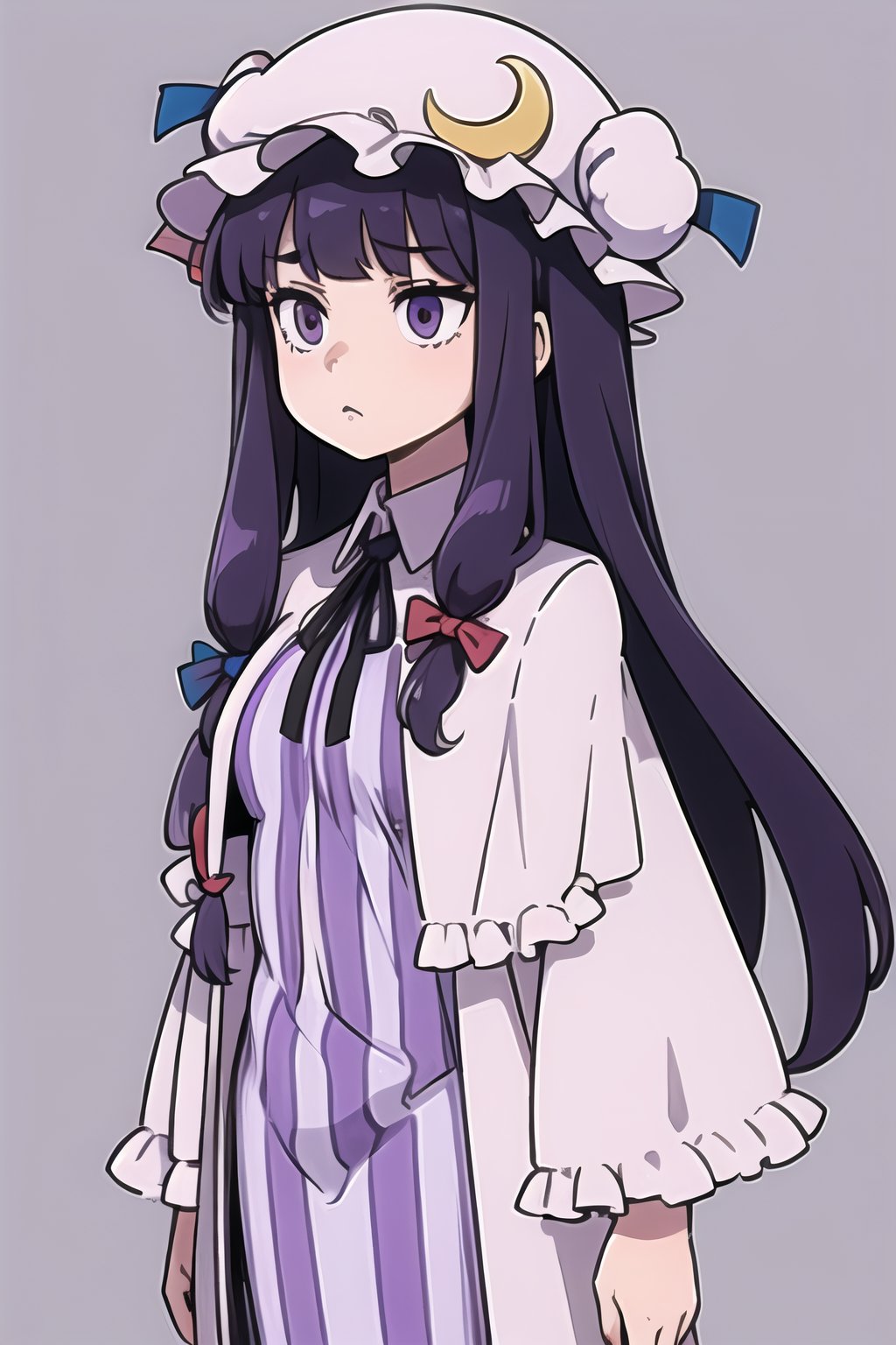 masterpiece, best quality,,1girl,solo,patchouli knowledge, purple hair,purple eyes,grey background,