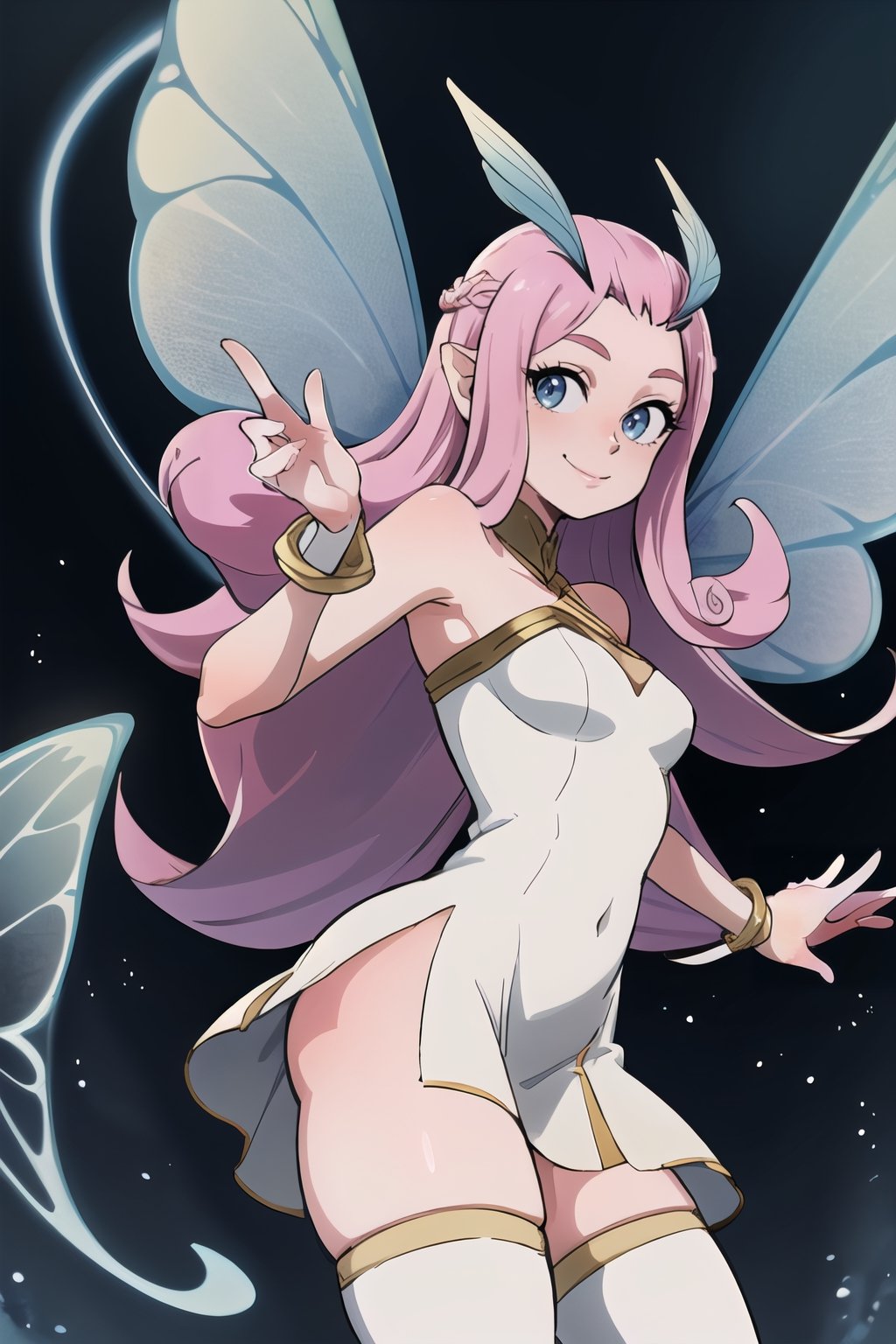 ((masterpiece,best quality)), absurdres,, Tasi_AFK, long pink hair, fairy, fairy wings, dress, thighhighs,   side view, solo, smiling, looking at viewer, cowboy shot, cinematic composition, dynamic pose, contrapposto, 