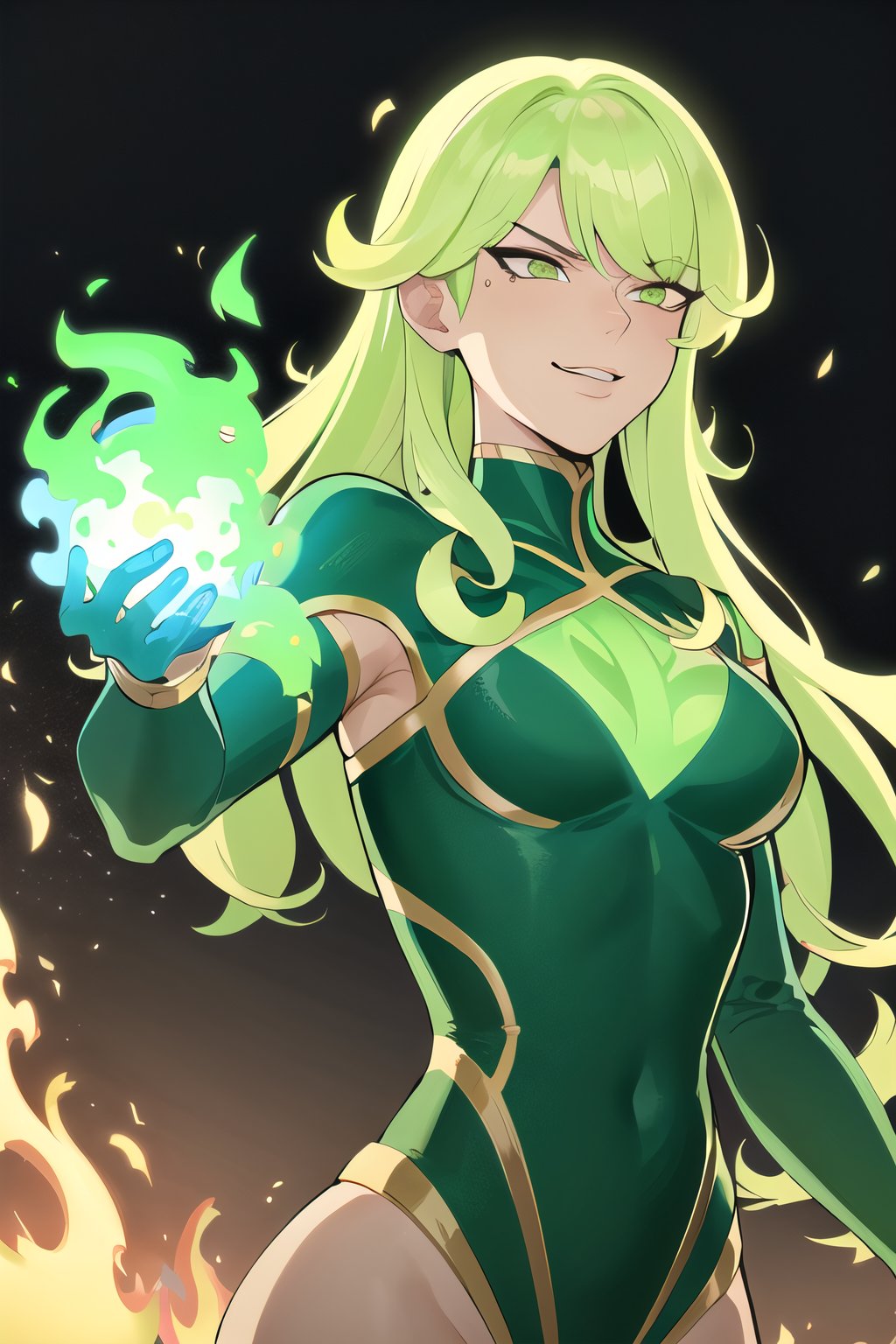 ((masterpiece,best quality)), absurdres, cinematic composition,, fire_lit_DC, 1girl, green glow, upper body, long hair, smug, holding green fireball, magic,