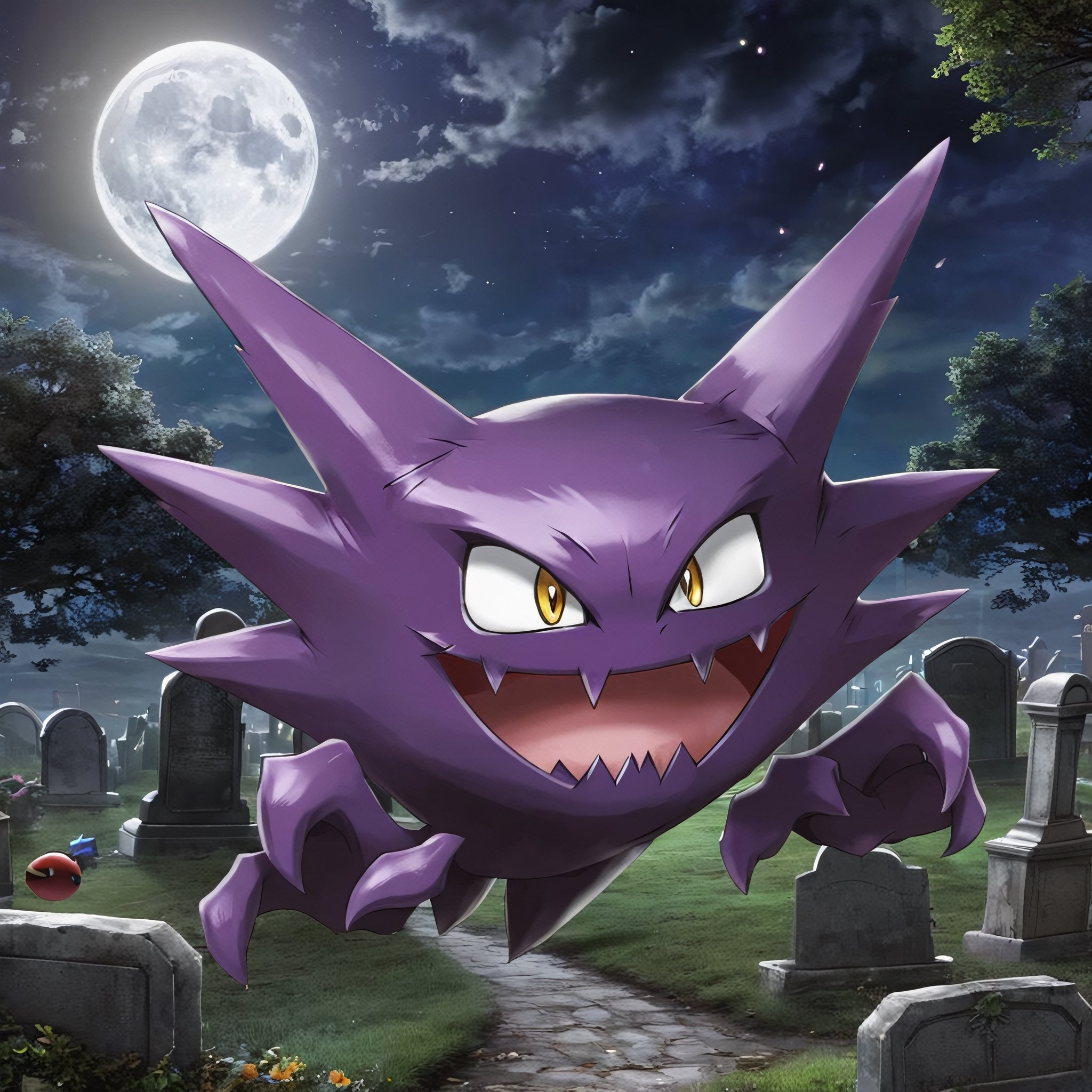 ((masterpiece,best quality)), , Haunter_Pokemon, floating, no humans, pokemon \(creature\),solo, evil smile, looking at viewer, graveyard, crescent moon,cinematic composition, ,more detail XL