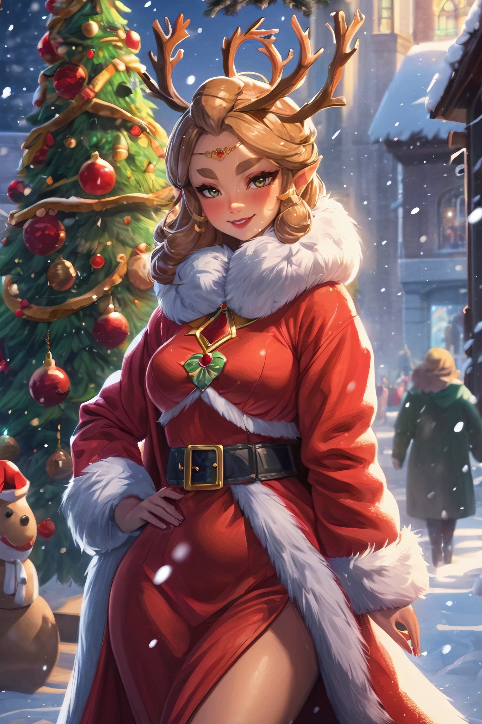 4k resolution, intricately detailed, trending on artstation,
((best quality)), ((highly detailed)), masterpiece, 
beautiful woman, full lips,  
Riju_Zelda, solo, smile, 
(fur coat:1.5), red dress, santa hat, belt, snow, ice, snowing, Christmas Tree