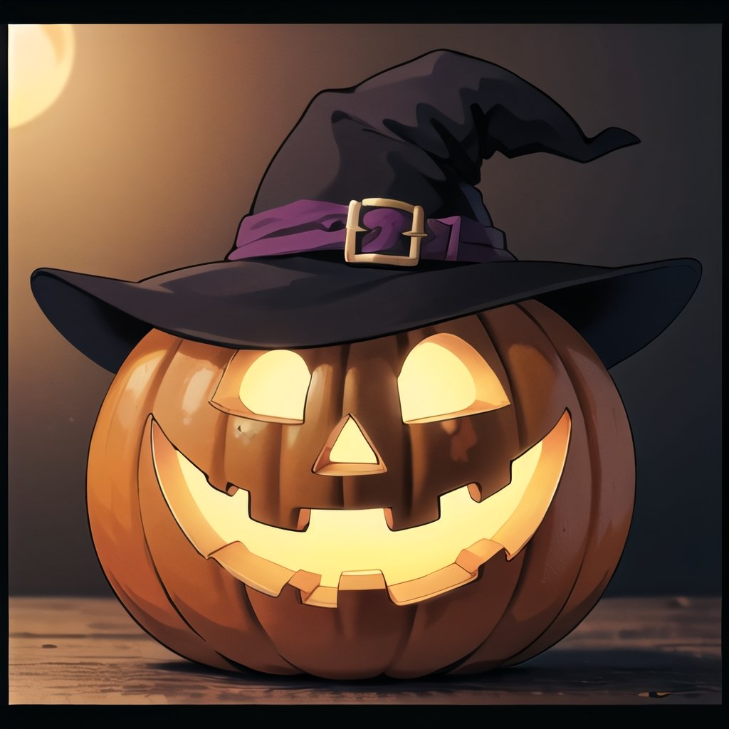 ((masterpiece,best quality)), absurdres,,  no humans,  pumpkin, halloween,  witch hat, solo, looking at viewer, cinematic composition, 