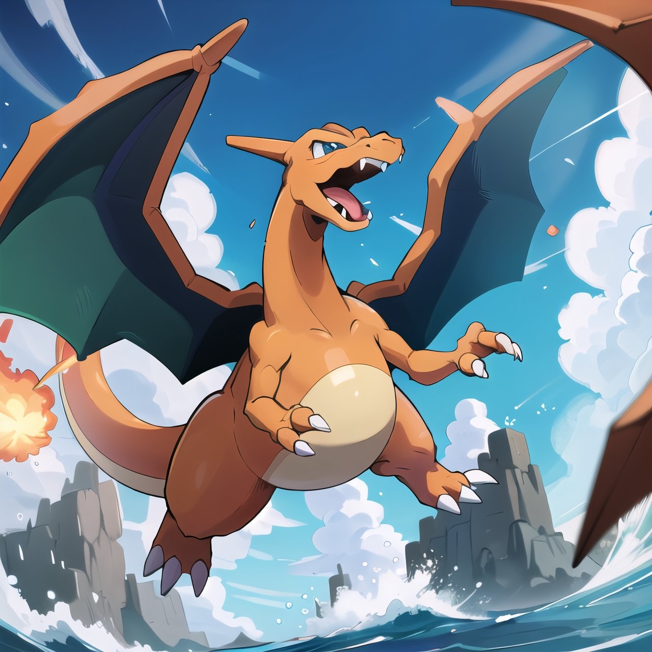 ((masterpiece,best quality)), absurdres, award winning photo,  Charizard_Pokemon, flame-tipped tail, wings,3d, blue_sky, cloud, cloudy_sky, day, depth_of_field, explosion, jumping, motion_blur, no_humans, ocean, open_mouth, outdoors, pokemon_\(creature\),  sky, sun,   