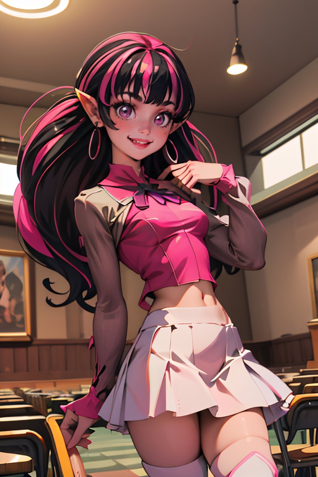 ((masterpiece,best quality)), absurdres,, Draculaura_MH, pink top, black hair, pink hair, multicolored hair, pointy ears,white skirt, pink knee boots, smiling, contrapposto,  cowboy shoot, school hall in background, cinematic composition, 