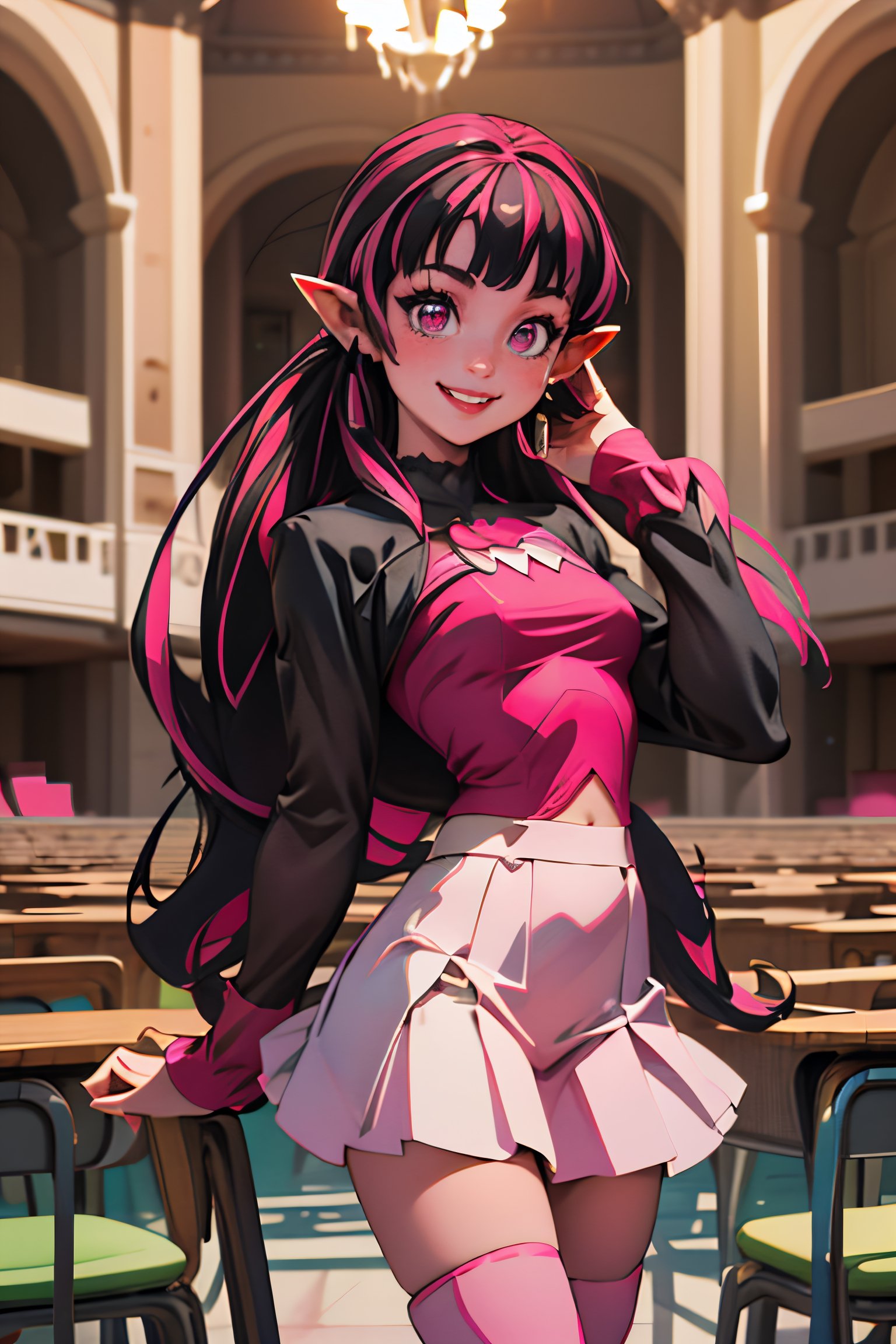 ((masterpiece,best quality)), absurdres,, Draculaura_MH, pink top, black hair, pink hair, multicolored hair, pointy ears,white skirt, pink knee boots, smiling, contrapposto,  cowboy shoot, school hall in background, cinematic composition, 