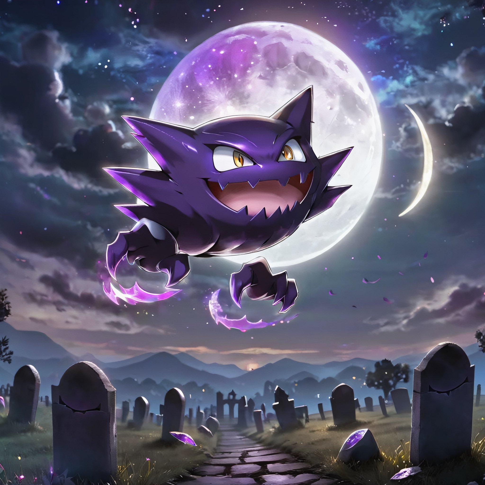 ((masterpiece,best quality)), , Haunter_Pokemon, floating, no humans, pokemon \(creature\),solo, evil smile, looking at viewer, graveyard, crescent moon,cinematic composition, ,ColorART