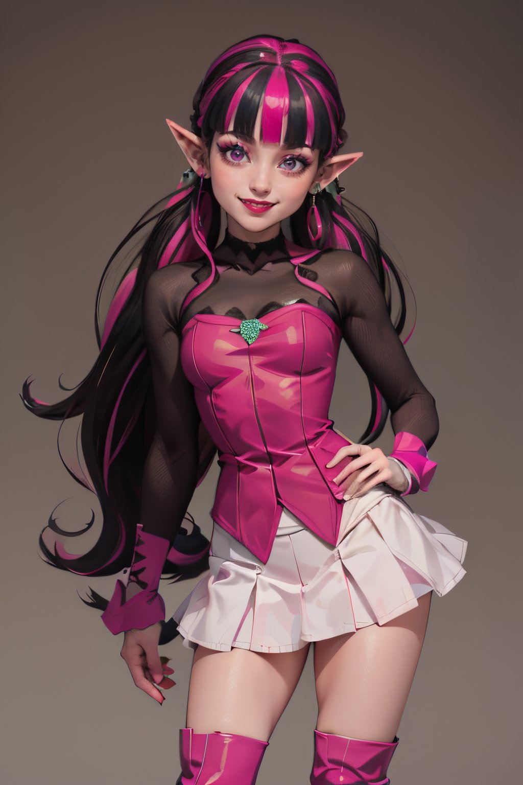 ((masterpiece,best quality)), absurdres,, Draculaura_MH, pink top, black hair, pink hair, multicolored hair, pointy ears,white skirt, pink knee boots, smiling, contrapposto
