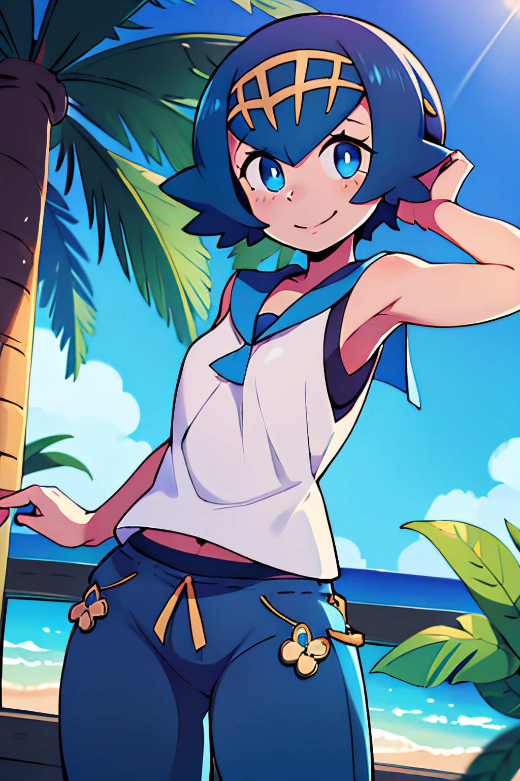 ((masterpiece,best quality)), absurdres,, Lana_Pokemon, sailor collar, sleeveless shirt, blue pants, solo, smiling, looking at viewer, cowboy shot, tropical background, cinematic composition, dynamic pose,