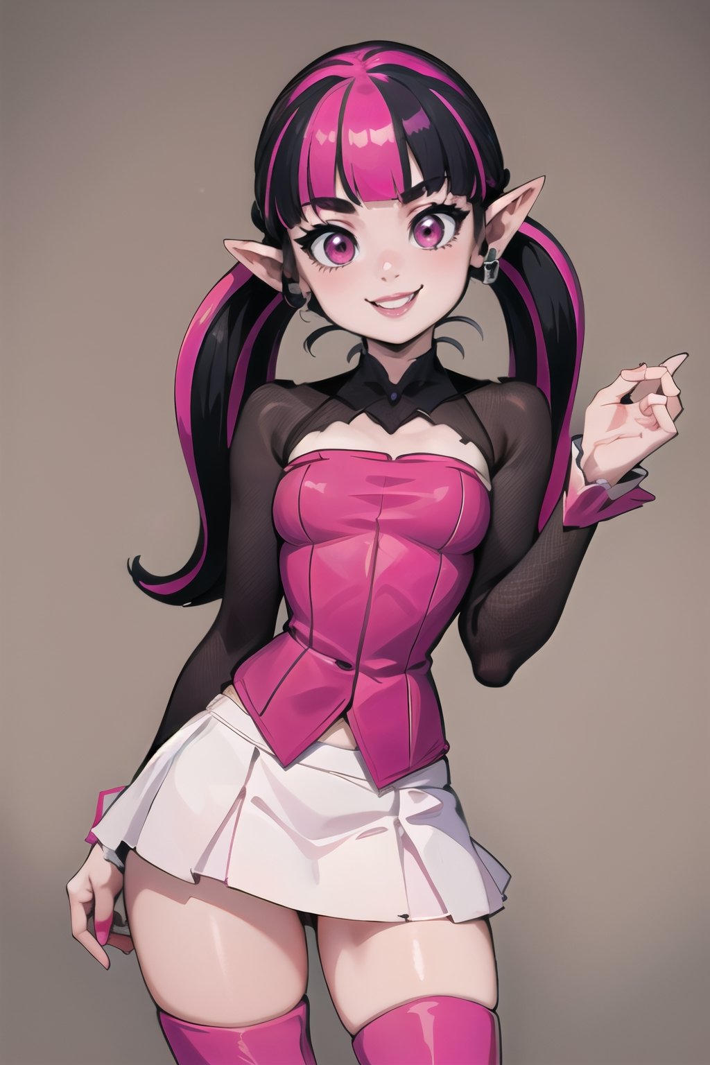 ((masterpiece,best quality)), absurdres,, Draculaura_MH, pink top, black hair, pink hair, multicolored hair, pointy ears,white skirt, pink knee boots, smiling, contrapposto