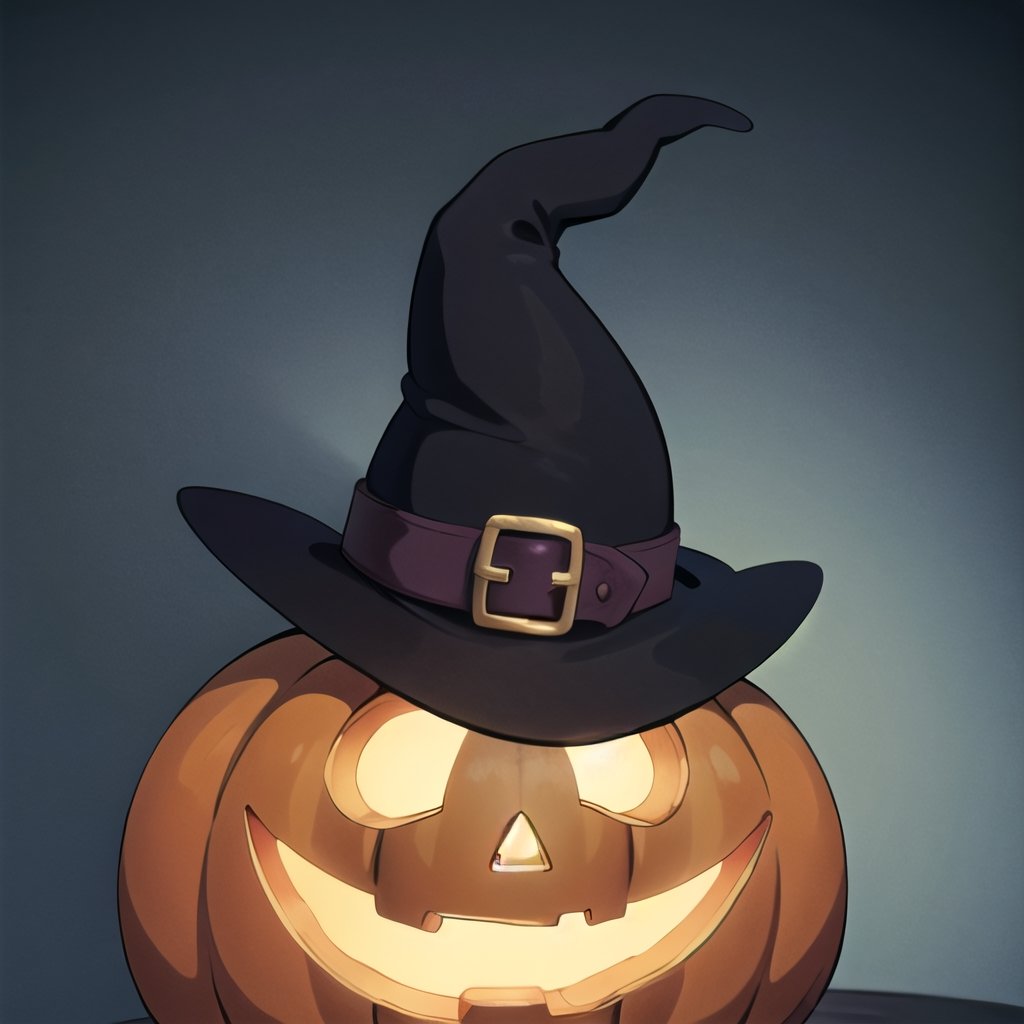 ((masterpiece,best quality)), absurdres,,  no humans,  pumpkin, halloween,  witch hat, solo, looking at viewer, cinematic composition, 