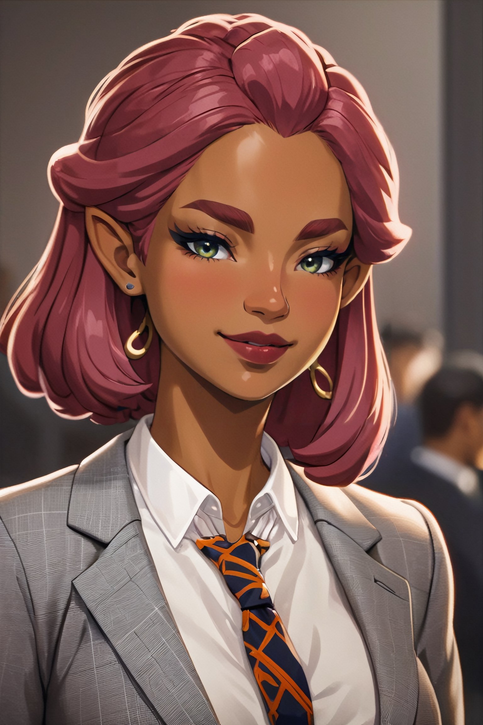 4k resolution, intricately detailed, trending on artstation,
((best quality)), ((highly detailed)), masterpiece, 
beautiful woman, full lips,  
Riju_Zelda, solo, smile, 
smug, grey blazer, lipstick, open white shirt, lawyer