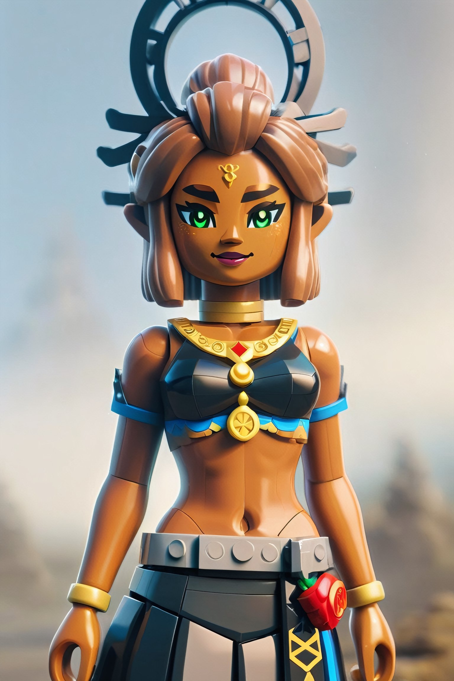 4k resolution, intricately detailed, trending on artstation,
((best quality)), ((highly detailed)), masterpiece, 
beautiful woman, full lips,  
Riju_Zelda, midriff, black dress, solo, smiling, smug, cowboy shot, ,lego