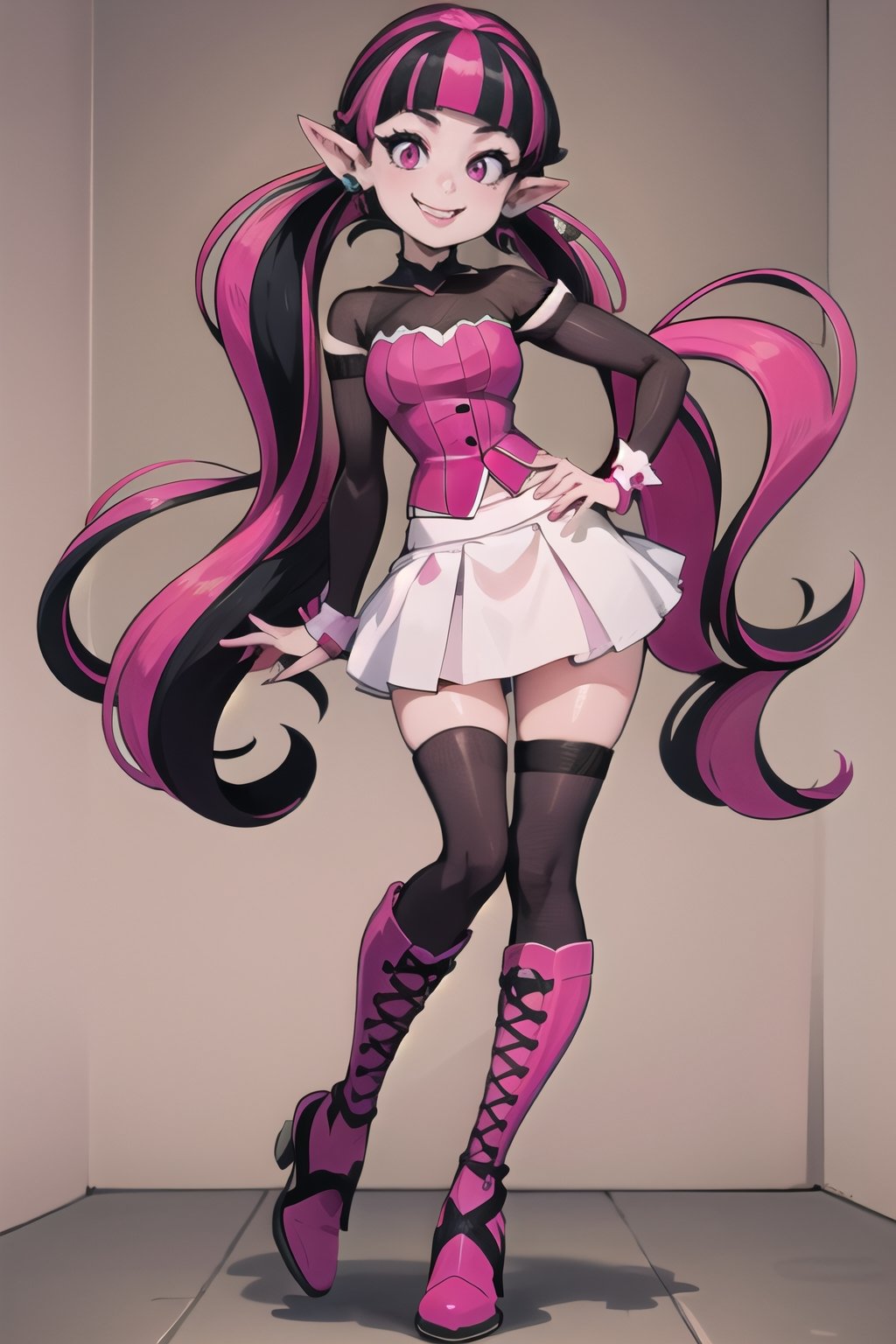 ((masterpiece,best quality)), absurdres,, Draculaura_MH, pink top, black hair, pink hair, multicolored hair, pointy ears,white skirt, pink knee boots, smiling, contrapposto