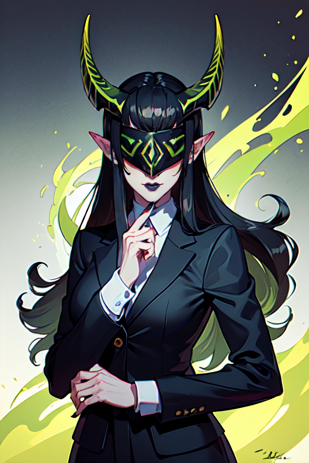 ,  Shemira_AFK, solo, pointy ears, horns, covered eyes, (black hair:1.2), grey blazer, lipstick, open white shirt, lawyer, best quality, masterpiece, ultra high res, detailed skin, high detail,