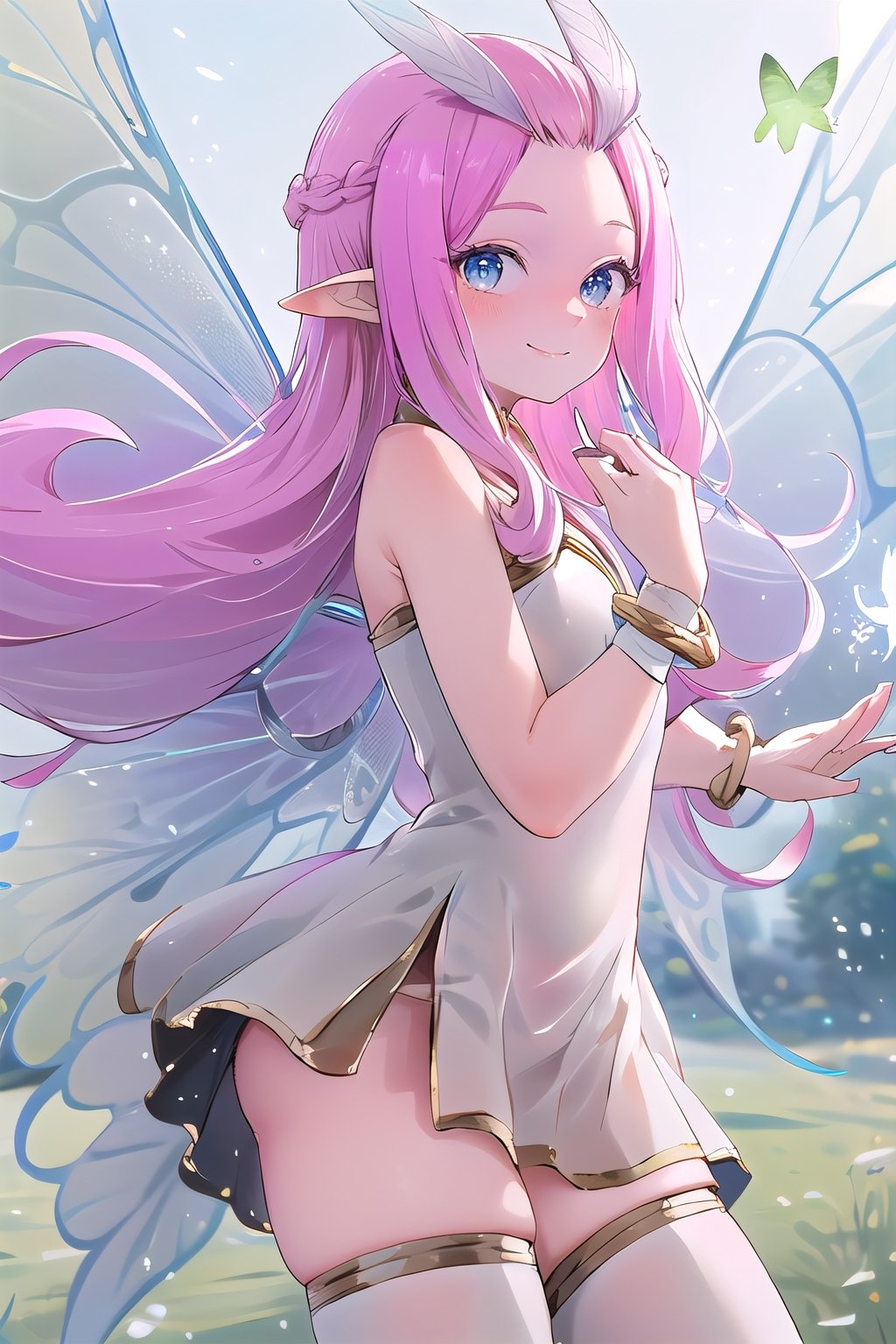 ((masterpiece,best quality)), absurdres,, Tasi_AFK, long pink hair, fairy, fairy wings, dress, thighhighs,   pointy ears, blushing, side view, solo, smiling, looking at viewer, cowboy shot, cinematic composition, dynamic pose, contrapposto, 