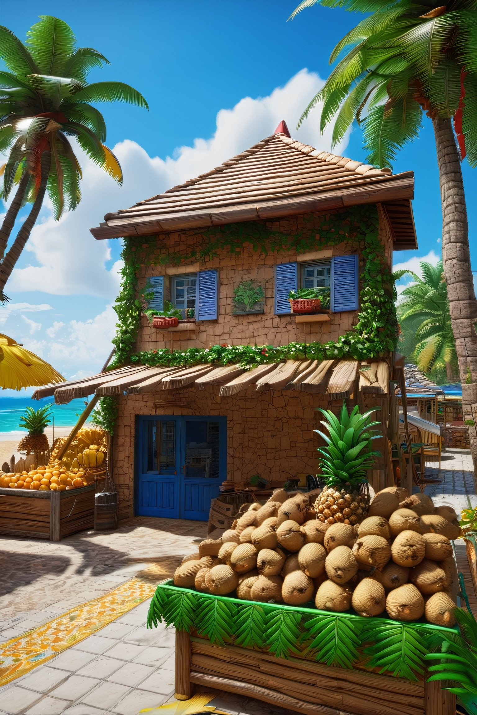 4k resolution, intricately detailed, trending on artstation, ((best quality)), ((highly detailed)), masterpiece, scenery, no humans,
outside, Delfino_Plaza, small fruit stand, pineapples, coconuts, palm tree, small house, clear blue sky, realistically detailed, HDR, ,Delfino_Plaza