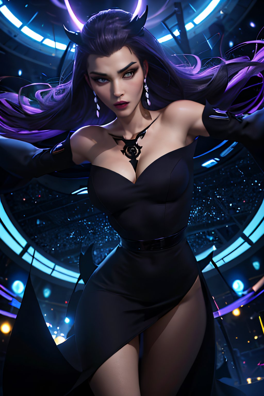 ((masterpiece,best quality)), absurdres,, Tala_DC, detailed face,  black dress,magic swirling lights in background, cinematic composition, dynamic pose,