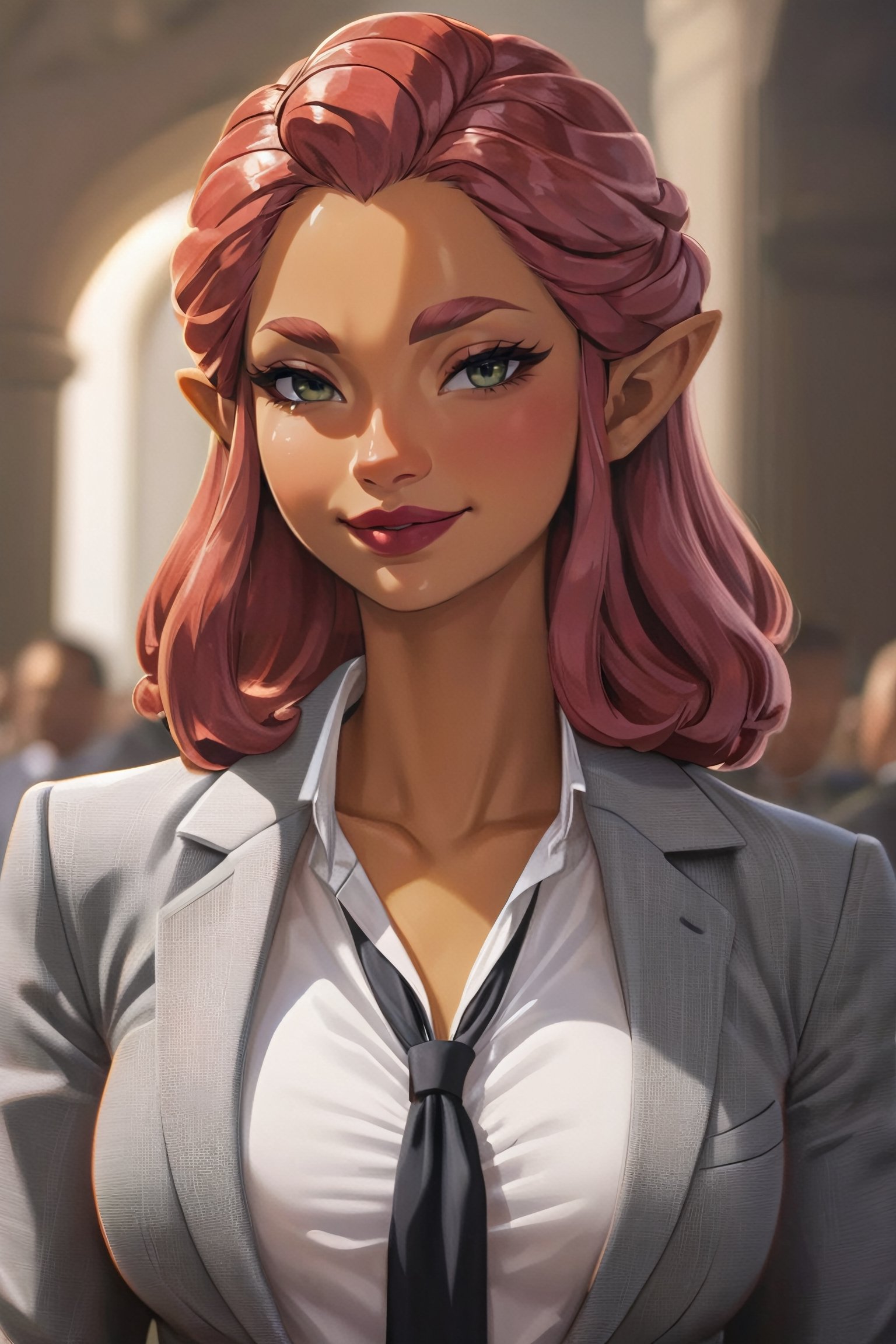 4k resolution, intricately detailed, trending on artstation,
((best quality)), ((highly detailed)), masterpiece, 
beautiful woman, full lips,  
Riju_Zelda, solo, smile, 
smug, grey blazer, lipstick, open white shirt, lawyer