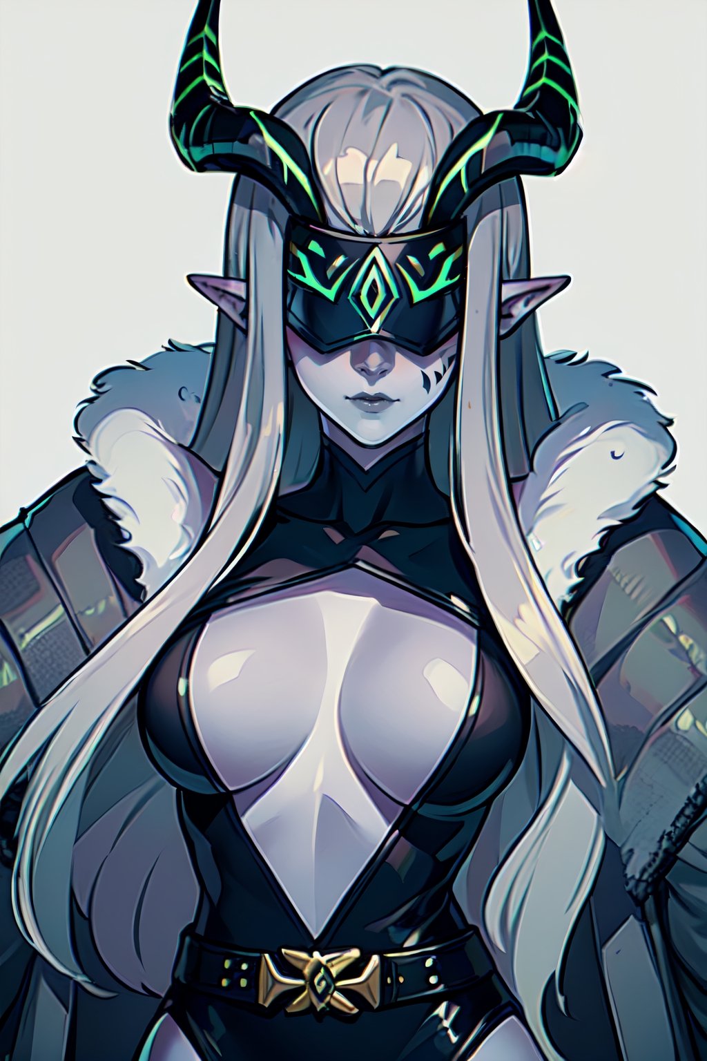 ,  Shemira_AFK, solo, pointy ears, horns, covered eyes, (grey skin:1.1), , (fur coat:1.5), bodysuit, belt, best quality, masterpiece, ultra high res, detailed skin, high detail,