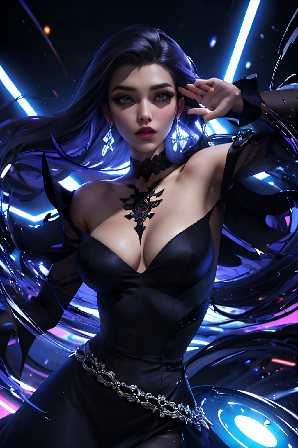 ((masterpiece,best quality)), absurdres,, Tala_DC, detailed face,  black dress,magic swirling lights in background, cinematic composition, dynamic pose,