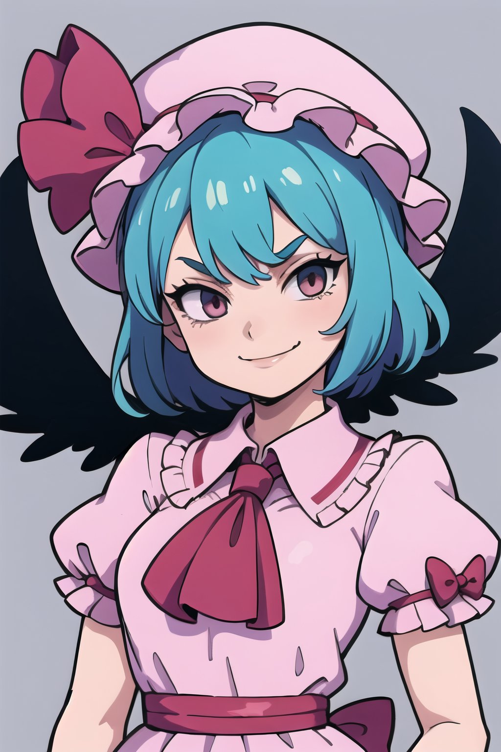 masterpiece, best quality,  ,1girl,pink dress,mob cap,ribbon,blue hair,evil smile,bow,ascot,wings,grey background, (kbxll:0.8)