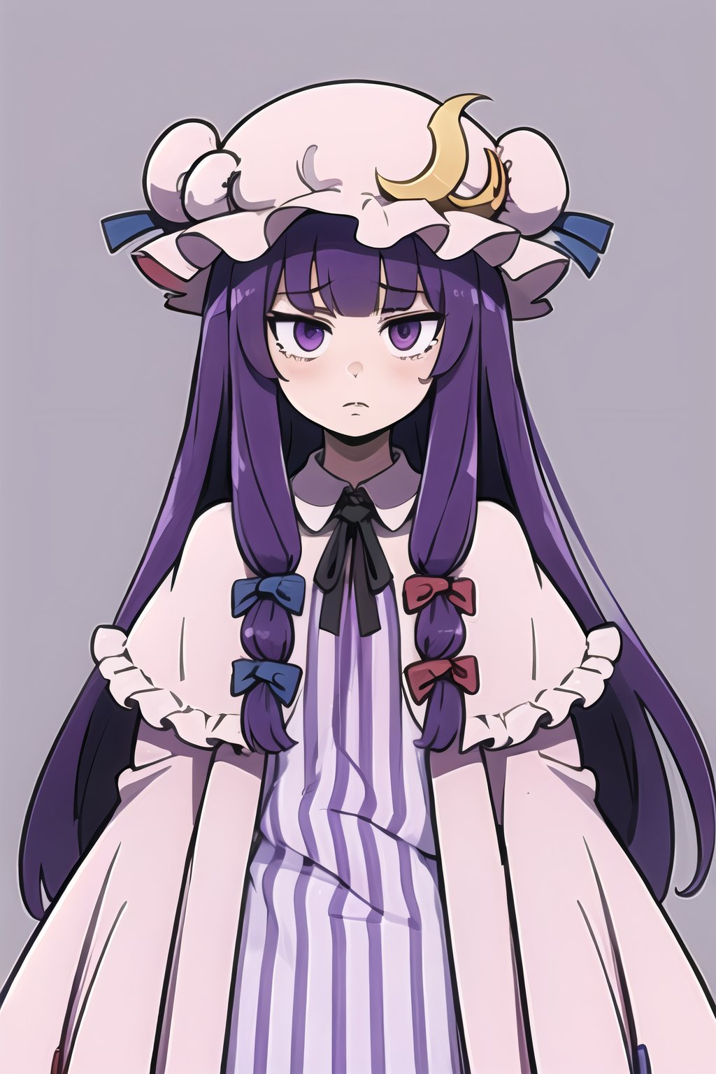 masterpiece, best quality,,1girl,solo,patchouli knowledge, purple hair,purple eyes,grey background,