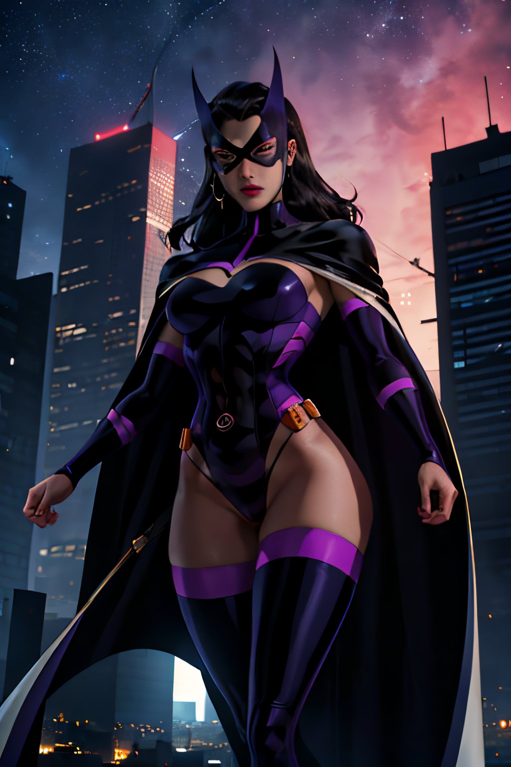 ((masterpiece,best quality)), absurdres, Huntress_JLU, cape, leotard, night sky and city lights in background, cinematic composition, dynamic pose, 