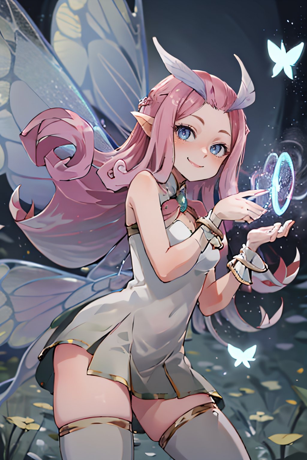 ((masterpiece,best quality)), absurdres,, Tasi_AFK, long pink hair, fairy, fairy wings, dress, thighhighs,   blushing, solo, smiling, looking at viewer, cowboy shot, cinematic composition, dynamic pose, contrapposto, 