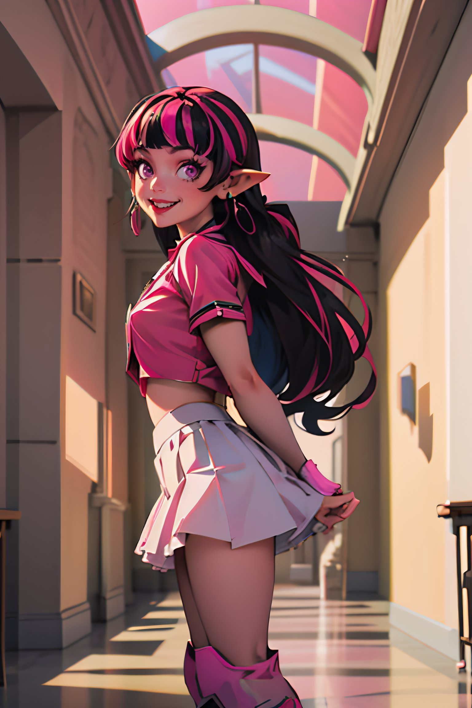 ((masterpiece,best quality)), absurdres,, Draculaura_MH, pink top, black hair, pink hair, multicolored hair, pointy ears,white skirt, pink knee boots, smiling, contrapposto, from the side, looking at viewer, cowboy shoot, school hall in background, cinematic composition, 