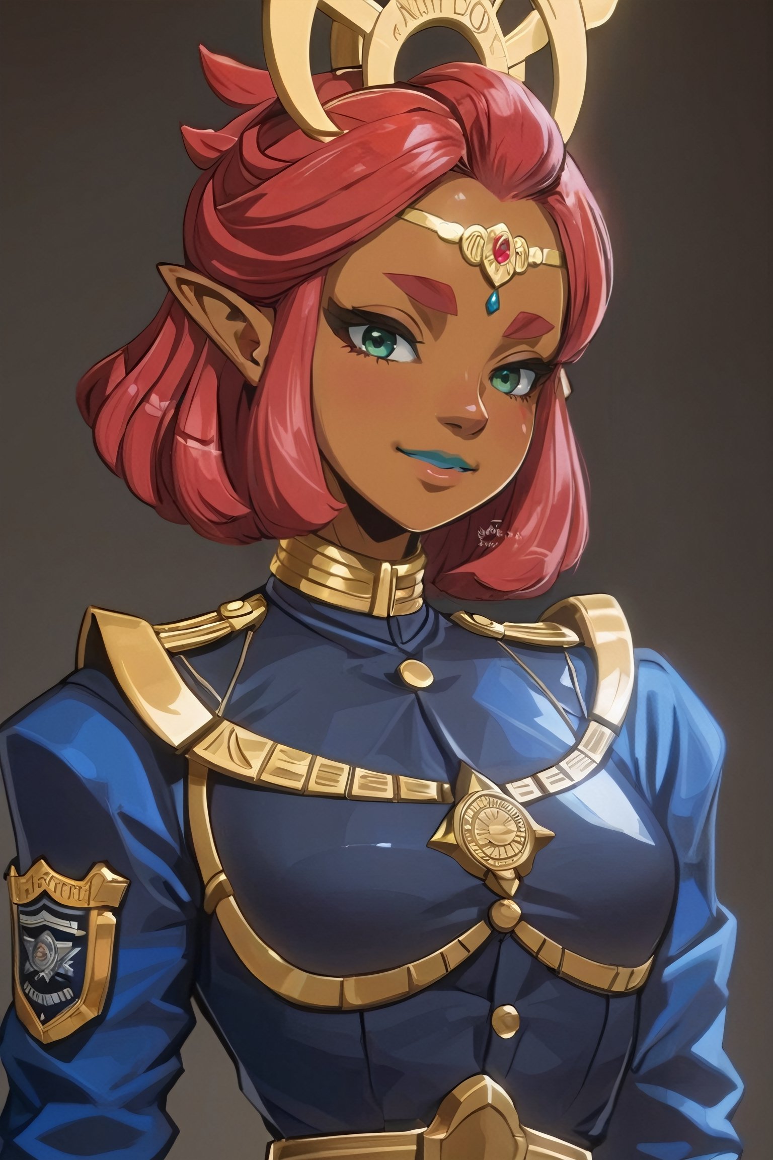 4k resolution, intricately detailed, trending on artstation,
((best quality)), ((highly detailed)), masterpiece, 
beautiful woman, full lips,  
Riju_Zelda, solo, smile, 
smug, blue police uniform, 