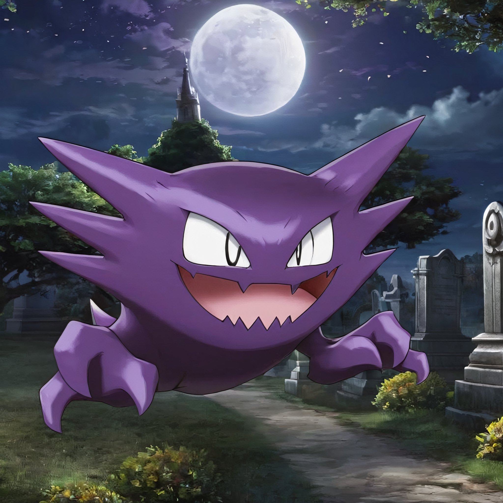 ((masterpiece,best quality)), , Haunter_Pokemon, floating, no humans, pokemon \(creature\),solo, smiling, looking at viewer,graveyard, crescent moon,cinematic composition,