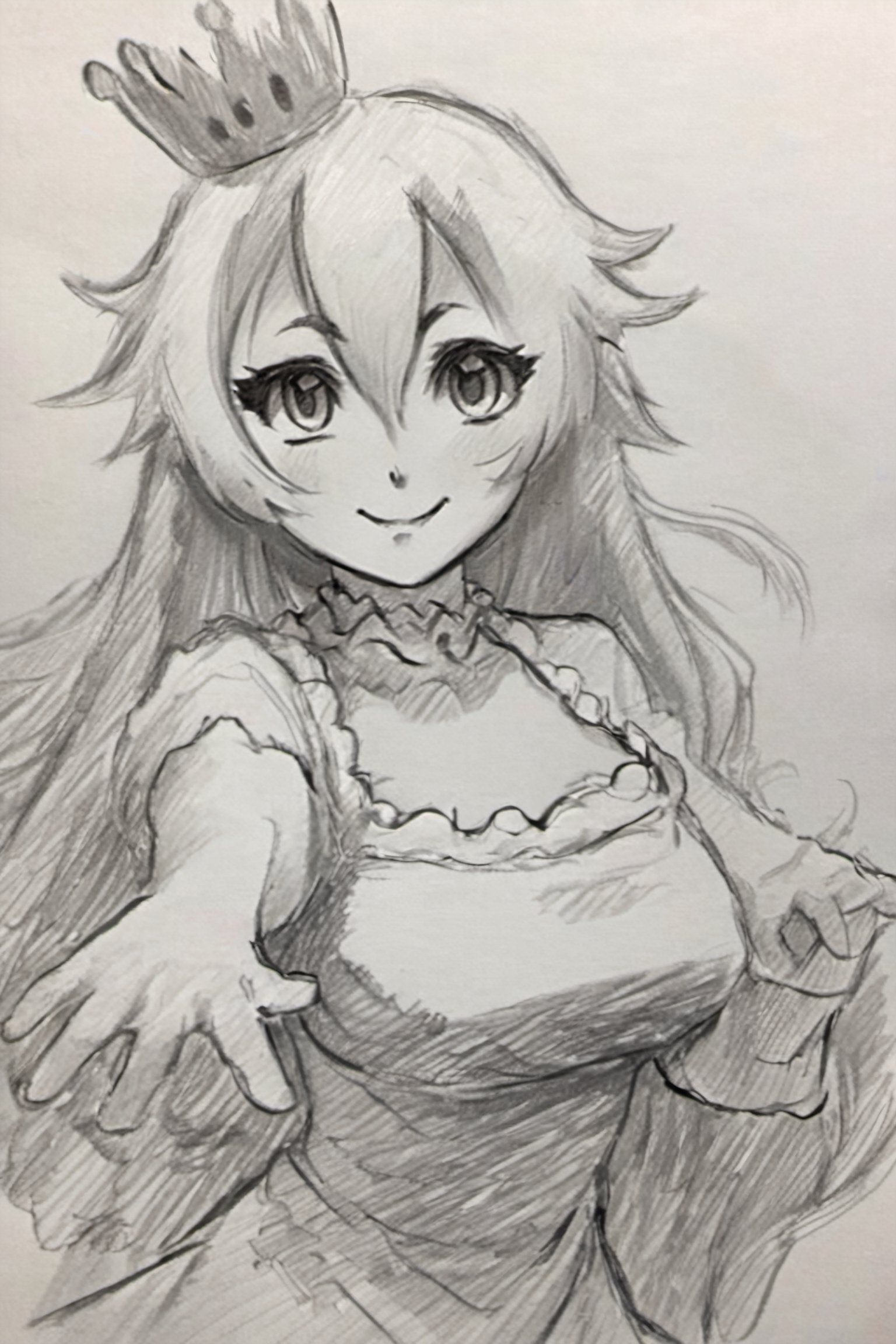 ((masterpiece,best quality)), pretty eyes, detailed face,
(Pencil_Sketch:1.2, messy lines, greyscale, traditional media, sketch), unfinished, hatching (texture) , ((masterpiece,best quality)), absurdres, , Boosette_Mario, 1girl, long hair, white hair, long white dress, ballroom dress, white gloves, solo, smiling, blushing, looking at viewer, cowboy shot,