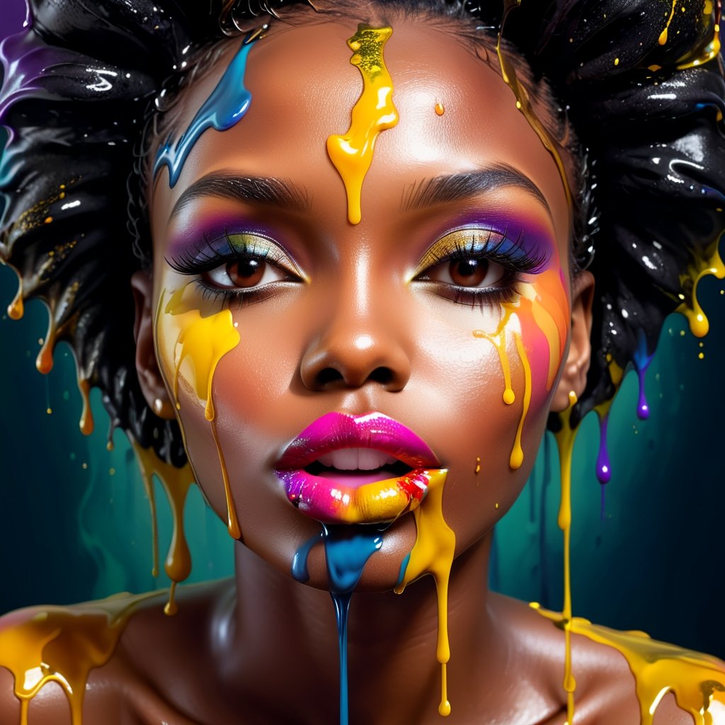 closeup face portrait of a black skinned woman, dripping liquid colors from lips, finger on the lips, ,DonML1quidG0ldXL 