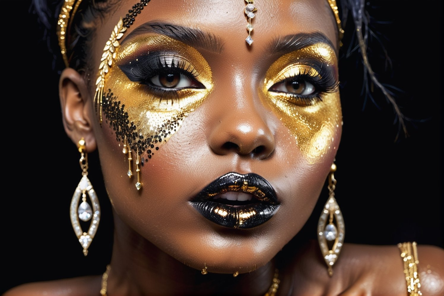 closeup face portrait of a black skinned woman, long eyelashes, nose piercing, dripping liquid gold from face, diamonds gemstone on skin, black matted lips, colorful eye shadow, finger on the lips, gold glitter applicartions on face, dark background, ,DonML1quidG0ldXL 