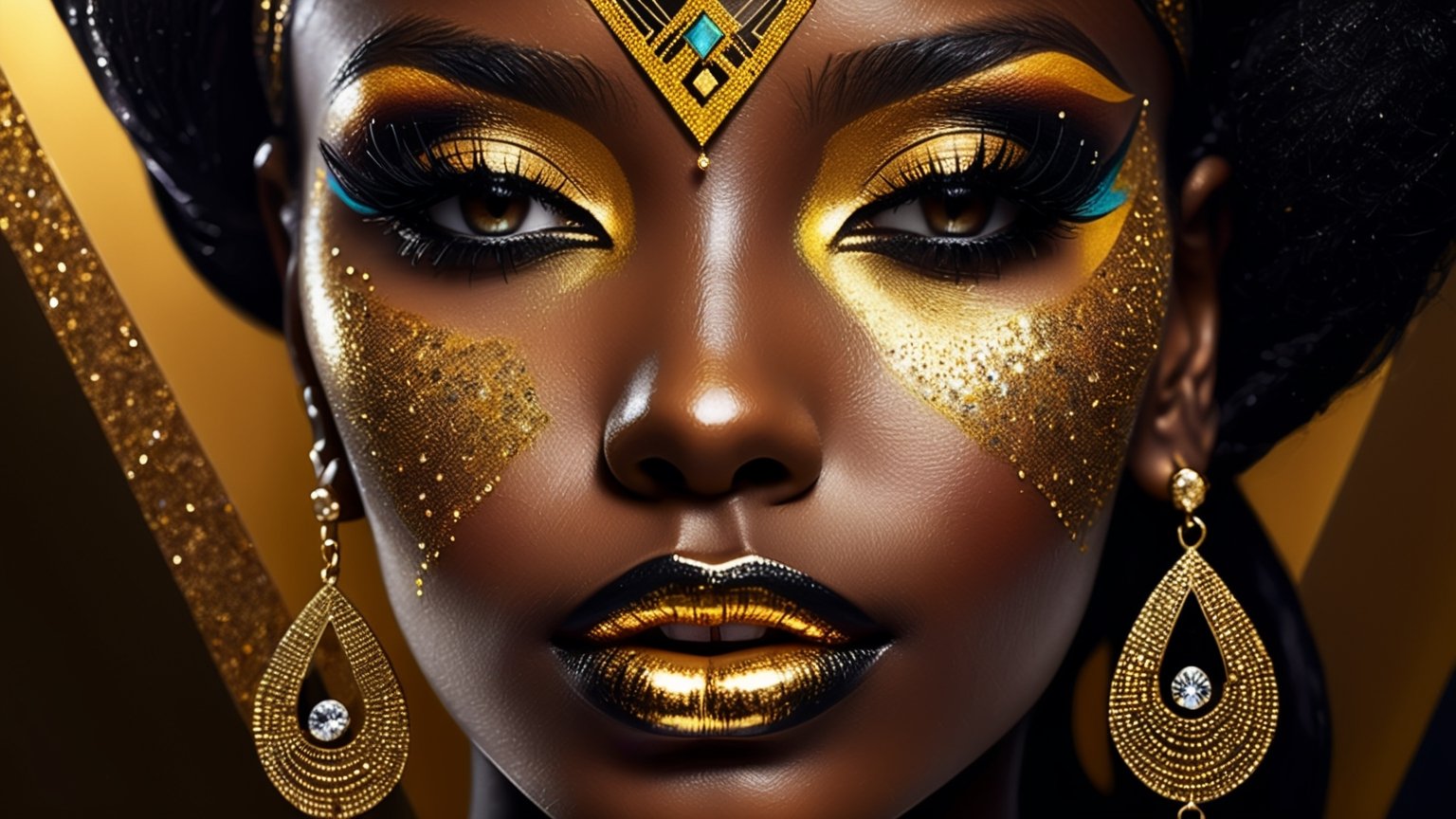 closeup face portrait of a black skinned woman 30 yo, small nose, long eyelashes, nose piercing, dripping liquid gold from face, diamonds gemstone on skin, black matted lips, colorful eye shadow, gold glitter applicartions on face, dark background,  symetrical geometry , ,DonML1quidG0ldXL 