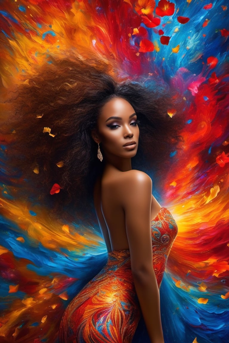 best quality, masterpiece,	nude art,
Envision an ethereal scene where a nude full black skinned african woman's body with large breasts is at the center, surrounded by an explosion of hyper-sharpened rococo fractal petals, swirling around her in a dynamic, wind-swept ballet of vibrant reds and blues. The petals are hyper-intricate, adding a layer of mesmerizing detail that contrasts with her smooth, elegant form. Her hair flows in a hyper-dynamic motion, suggesting a windy, almost otherworldly atmosphere, all captured in a full view that highlights the vibrancy, elegance, and dynamic energy of the composition.
ultra realistic illustration, siena natural ratio, ultra hd, realistic, vivid colors, highly detailed, UHD drawing, perfect composition, ultra hd, 8k, he has an inner glow, stunning, something that even doesn't exist, mythical being, energy, molecular, textures, iridescent and luminescent scales, breathtaking beauty, pure perfection, divine presence, unforgettable, impressive, breathtaking beauty, Volumetric light, auras, rays, vivid colors reflects.,art_booster,eyes shoot,ink ,Gric,DonM3l3m3nt4lXL