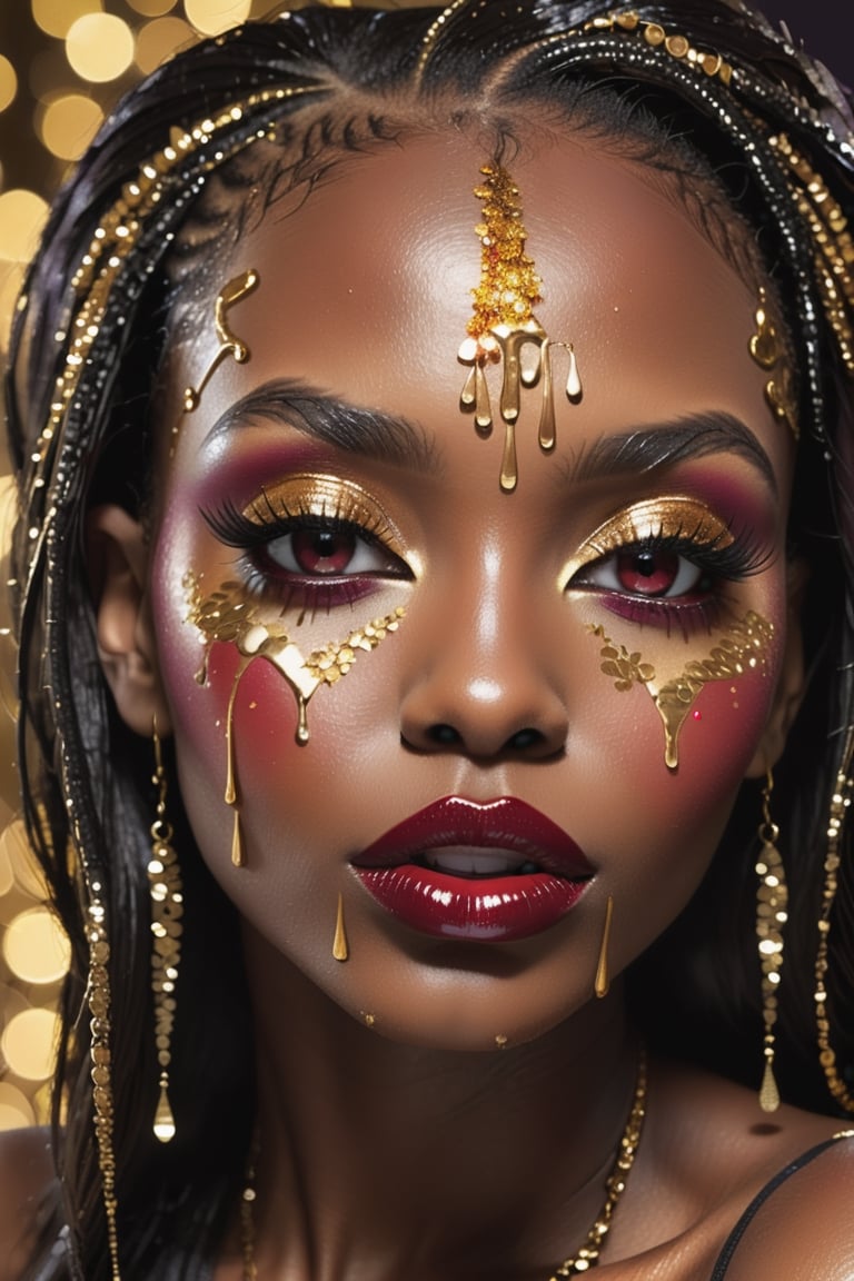 closeup face portrait of a black skinned woman, long eyelashes, dripping liquid gold from face, wine red lips, colorful eye shadow, finger on the lips, gold glitter applicartions on face, dark background, ,DonML1quidG0ldXL 