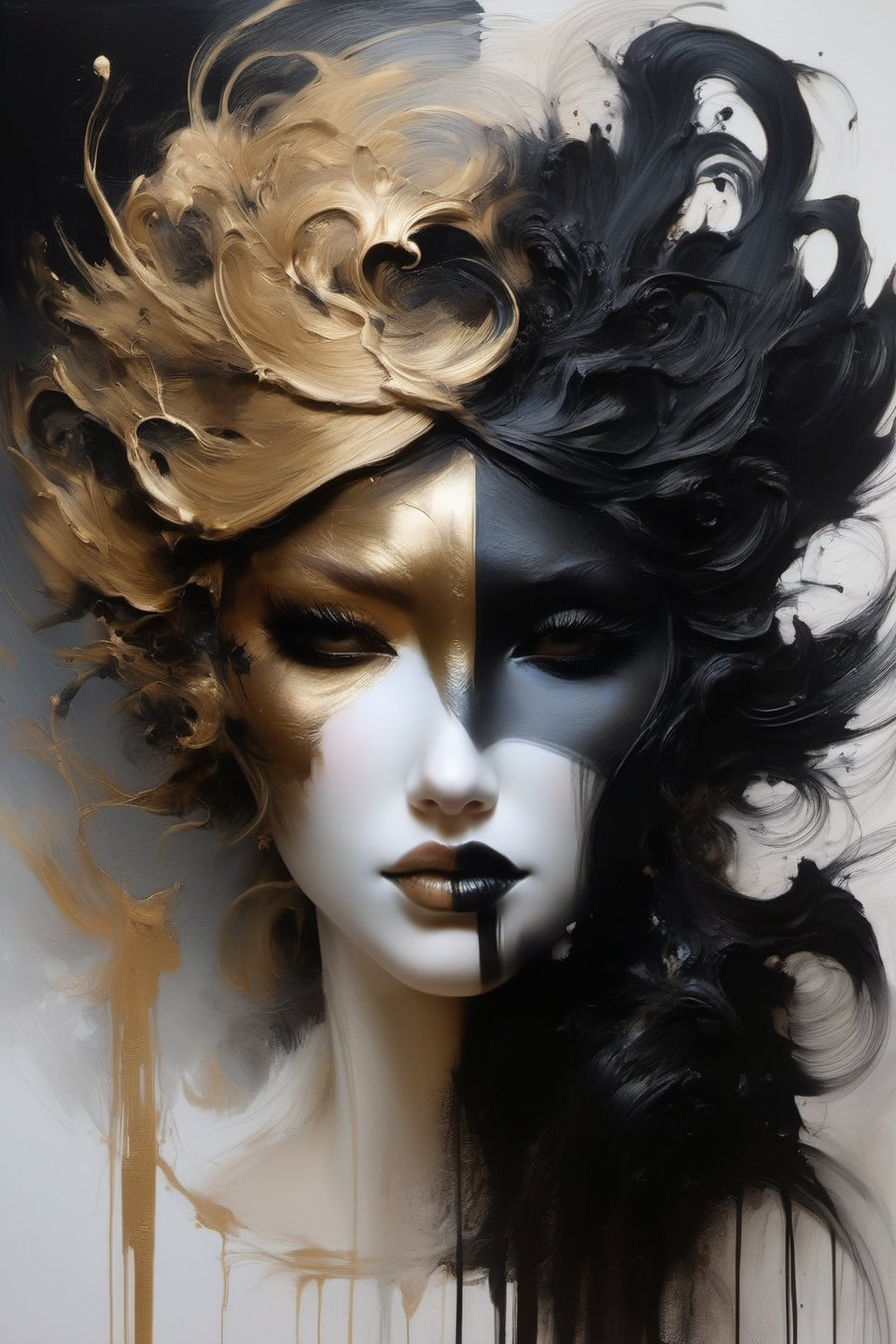 Scumbling painting of a woman with black makeup on her face, no eyes, roughly painted skin, messy paint strokes, by Bastien L. Deharme, gothic art, style of Ashley Wood, bronze and black metal, Sakimichan Frank Franzzeta, beautiful portrait of a hopeless, Ruan Jia and Joao Ruas, watercolors and oil on canvas