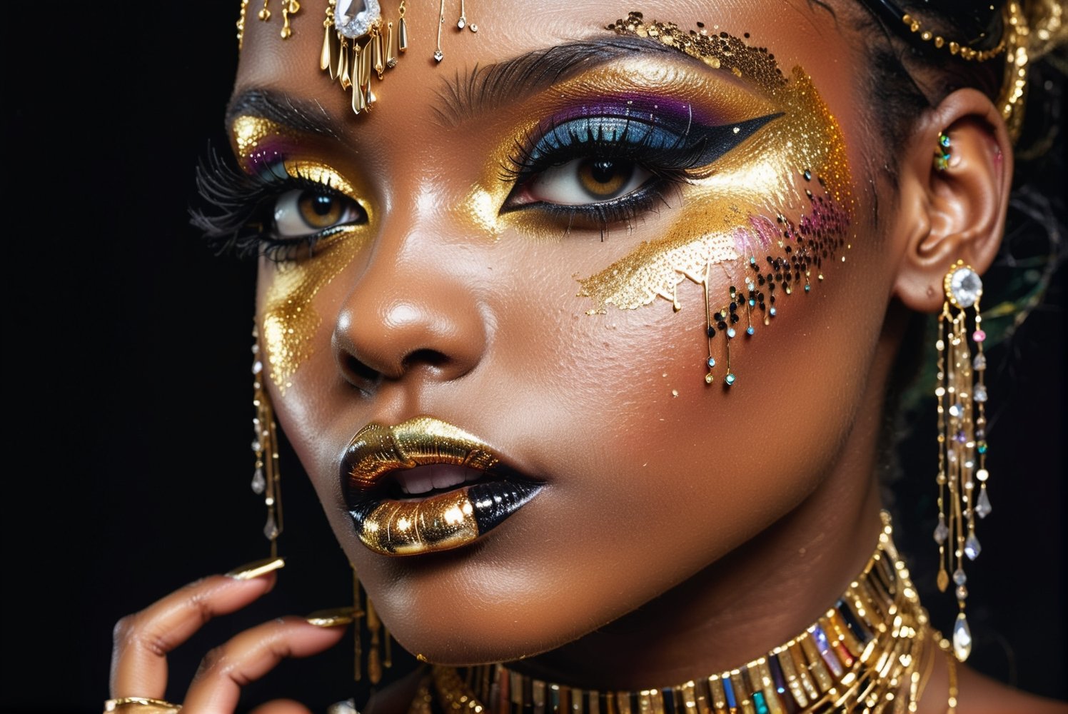 closeup face portrait of a black skinned woman, long eyelashes, nose piercing, dripping liquid gold from face, diamonds gemstone on skin, black matted lips, colorful eye shadow, finger on the lips, gold glitter applicartions on face, dark background, ,DonML1quidG0ldXL 